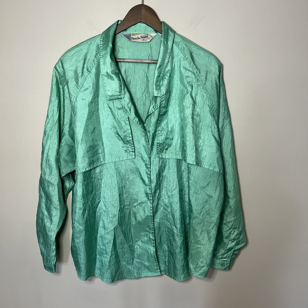 VTG Diane von Furstenberg‎ Woman Blouse Green Satin Shiny Size 44 (US L/12-14)